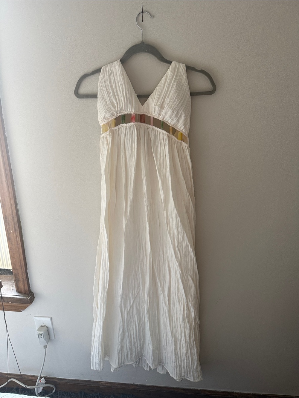 Ivory V-Neck Maxi Dress with Metallic Waist Trim
